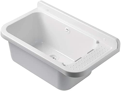 VBChome Ausgussbecken 50 x 34 x 21 cm Weiß Spülbecken Waschtrog mit Überlauf Waschbecken für Gewerbe Waschraum Garten inkl. Ablaufgranitur