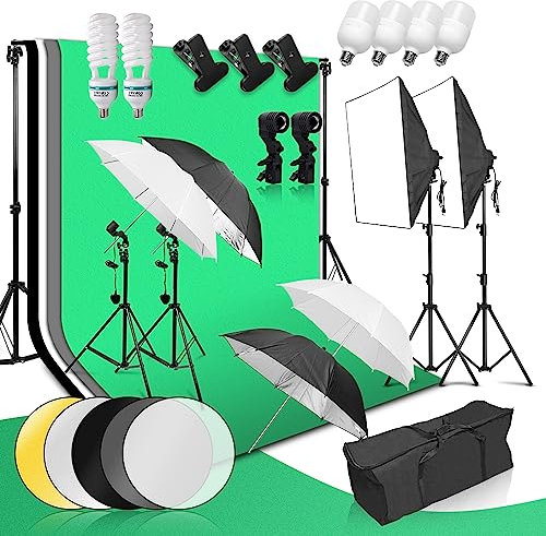 Studio Photo Et Éclairage, Zingbabu 0.5x0.7m Softbox Studio Photo Kit, 2x3m Backdrop Stand, 1.8x2.8m Toile de Fond, Steady Umbrella Kit Eclairage Photo Light
