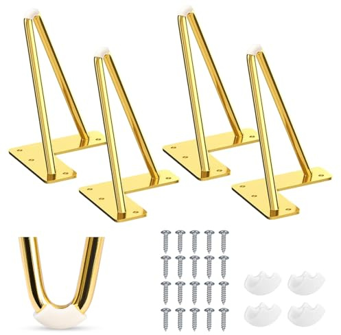 TCHOSUZ 4 Inch Hairpin Table Legs 4 PCS Heavy Duty Mid-Century Modern Gold | Cold-rolled steel, Rustproof, Pre-drilled holes with Screws, Floor Protectors incl., DIY for Coffee Table Cabinet Nightstand