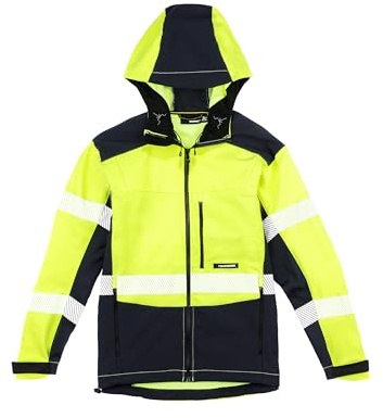 TRUEWERK Men's Insulated Work Jacket - S3 Solution Zip-Up Hoodie, Fleece-Lined, Waterproof Tactical Coat with 4-Way Stretch, Black/Viz Yellow, X-Large