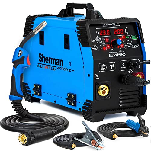 ALLWELD Sherman MIG 200HD - Vollsynergisches 200A MIG MAG Schutzgasschweißgerät mit Fülldraht, Lift-WIG, MMA und Lötschweißen Funktion - Inverter Schweißgerät IGBT