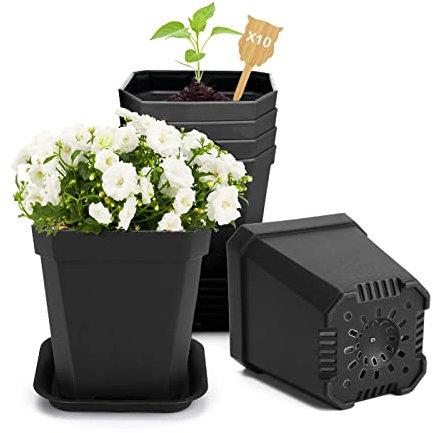 MissFox Anzuchttöpfe Eckig 6er Set, Pflanztöpfe Kunststoff Blumentopf mit Untersetzer, Kleinen Töpfe mit 10 Pflanzenetiketten aus Holz für Blumen, Kräuter Anzucht, Gemüseanzucht (8x8x7.3cm, Schwarz)