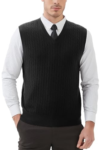 Kallspin Men's Cashmere Wool Blended Vest Sweater Relaxed Fit V Neck Sleeveless Knitted Vest Pullover (Black, 3X-Large)