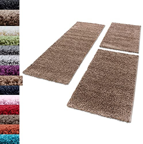 Carpettex Bettumrandung Schlafzimmer 3teilig Shaggy Teppich Hochflor Einfarbig Mocca Bettset:2 mal 80x150 + 1 mal 100x200 - Bettvorleger Schlafzimmer Läuferset Weicher Flauschig Bettumrandung Teppich