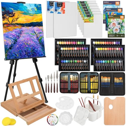 Nicpro 158PCS Deluxe Large Painting Kit with Metal and Solid Beech Wood Easel, Acrylic, Oil & Watercolour Paint Set, Paint Brushes, Canvases, Palette, Paper Pad, Professional Art Set for Adults Artist