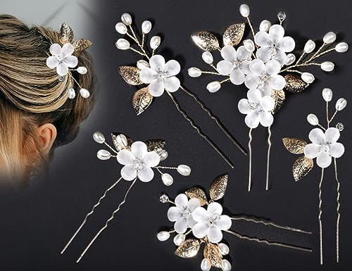 KAPSING 5 Pièces Accessoires pour Cheveux de Mariée Perles de Fleurs de Mariage Accessoires pour Cheveux Bijoux de Mariée Peigne à Cheveux en Forme de U Mariage Compatible avec Les Femmes Filles (Or)