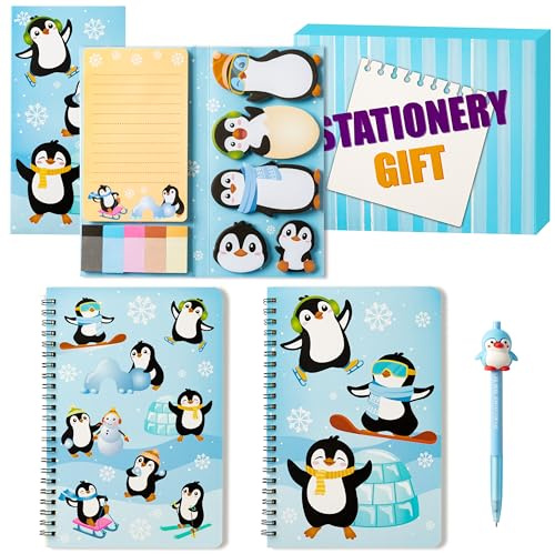 GROBRO7 4Pcs Pinguine Sticky Notes Kit mit Silikon-Gel-Stift, A5 niedliche Tier Notizbücher Cartoon Shape Self-Stick Memo Pads zurück zu Schule Geschenk für Kids Classmates Students Lehrer Bürobedarf