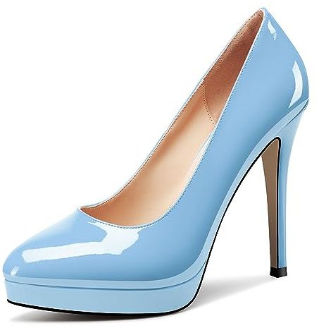 Castamere Womens High Stiletto Platform Heel Pointed Toe Slip-on Pumps Wedding Prom Sexy Patent Leather 4.7 Inches Heels Sky Blue 6 M US