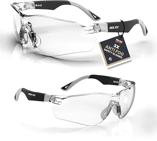 DEX FIT Safety Glasses SG210, Z87 Eye Protection, 3X Anti fog & Scratch Resistant, Adjustable for Women and Men, UV Protective (Black & Grey Frame, Clear Lens)