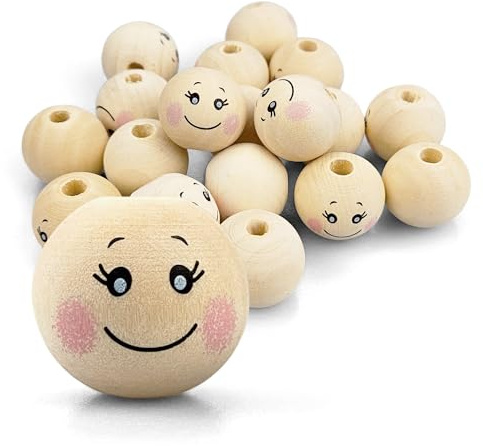 Netuno 17 x Holzkugeln mit lachendem Gesicht smiling face 20 mm x 18 mm Holz Köpfe Engelskopf Natur Bastel-Perlen für Makramee Deko-Kugeln mit Augen zum Basteln Schmuck Holzperlen mit Loch rund