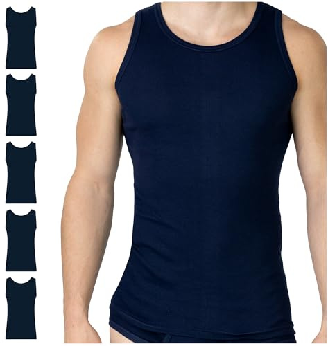 SES finribbad undertröja för män, 5-pack S – 4XL/figurnära tanktopp för män av 100 % bomull/herrundertröjor med kroppsnära passform, marinblå, L