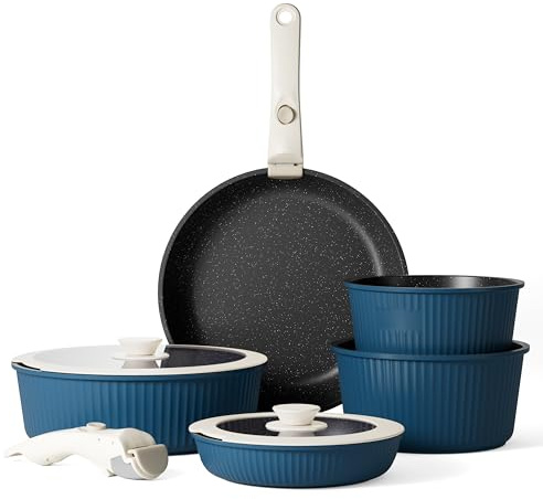RIOVARM Induktion Töpfe und Pfannen Set mit abnehmbaren Griffen, Antihaft Granit Stapelbar Kochgeschirr-Set mit Silikon Deckeln, Platzsparend Topf- & Pfannensets ohne PFOA, Bratpfanne, Casseroles