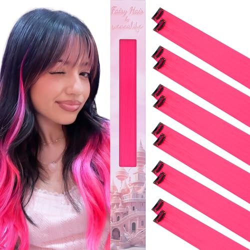 WENNALIFE 12 Piezas Rosa Vivo Extensiones de Clip de Pelo, Colorido Extensiones de Cabello Pelo Postizo Mechas de Colorido Extensiones Clip Mechas Pelo Lacio para Niñas Mujeres Trenzas Cosplay Fiesta