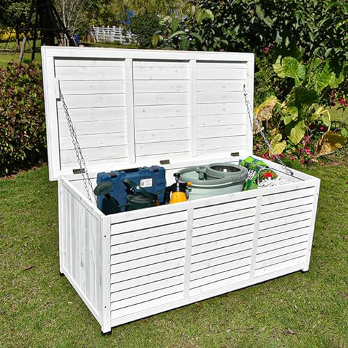 Große Wasserdichte Gartenaufbewahrungsbox Mit Deckel – Aufbewahrungsbox Aus Holz Für Den Außenbereich Für Gartengeräte, Kissen, Polster, Poolzubehör(Color:Weiß)