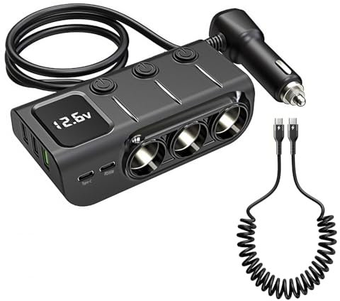 Giantdeer Zigarettenanzünder Verteiler 12V, Zigarettenanzünder Adapter 8 in 1 mit Schalter und LED Voltmeter, 3 DC Steckdose Ports 5 USB 12V Verteiler+5A Typ C-Ladekabel für Handys,GPS,Recorder