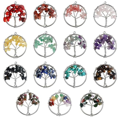TOAOB 15 pezzi Albero Della Vita Ciondolo Pietre 30mm Naturali Charms Ciondoli Portafortuna Colorati Pendenti per Collane Gioielli Bomboniere Fai da te Portachiavi