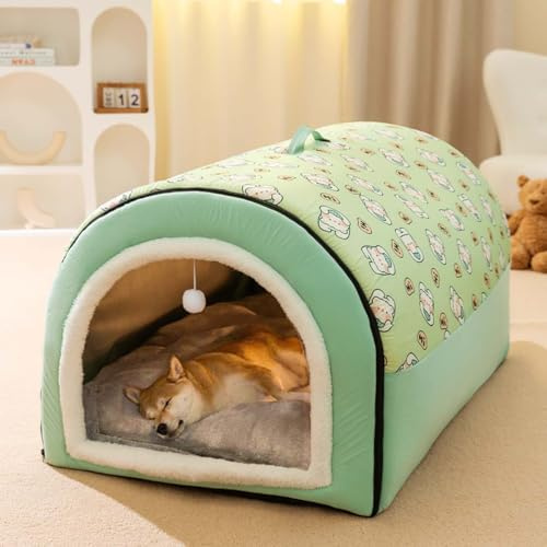 Monbaer Hundehaus 2 in 1, großes Hundebett mit Anti-Babybett weichem, warmen Kissen, klappbar, beruhigende Hunde- und Katzenhütte, abnehmbar, waschbar (L: 60 x 45 x 40 cm, grün)