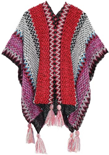Miaikvs Women's Colorful Stripe Vintage Ethnic Style Poncho Women's Shawl Coat Knit Shawl Wrap Open Front Cardigans for Women(Red 1)