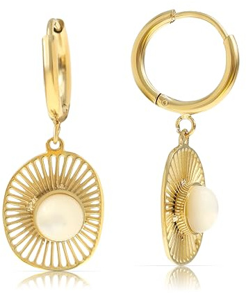Tillverkad av Nami Set guldörhängen hängande med solhänge och sötvattenspärla av chirugiskt rostfritt stål, boho-örhängen damer, allergivänliga vattentäta smycken, Hängend, Rostfritt stål, Amazonit