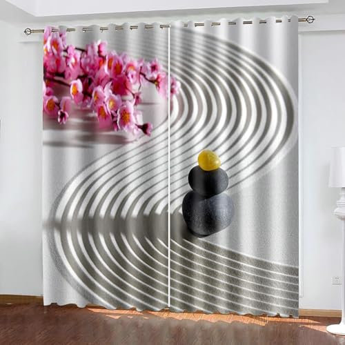 Bishilin Gardinen Verdunkelung 2er Set 137x183CM, Vorhänge Blickdicht Fenster Zen Motiv Sand Blumen und Steine Verdunklungsvorhänge mit Ösen Jugendzimmer