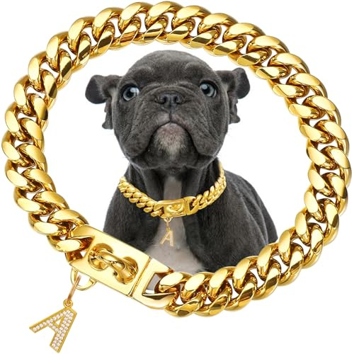 15mm breite goldene Hundekette mit Anhänger,18K vergoldete Edelstahl-Walking-Ketten aus kubanischen Gliedern,Starke,kausichere Halsbänder für kleine und mittelgroße Hunde (25cm)