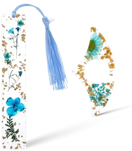 Lot de 2 supports de page de livre, fleurs séchées en résine avec pompon, accessoires de livre pour les amateurs de lecture, cadeau pour les rats de bibliothèque, lecteurs, littéraire, étudiants