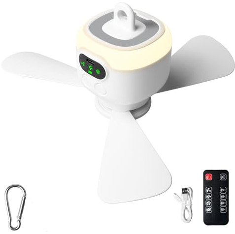 Camping Ventilator mit Licht, Campingventilator mit Fernbedienung, Aufladbar 8000mAh, Tragbarer Deckenventilator Abnehmbare Ventilatorflügel, USB Zeltventilator mit Haken für Auto Angeln Outdoor