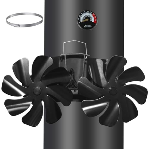 Tomersun Ventilateur de cheminée magnétique, sans électricité, avec 16 pales, ventilateur de cheminée silencieux, pour bois, bois de chauffage, foyer, tuyau de poêle avec thermomètre et 1 pièce