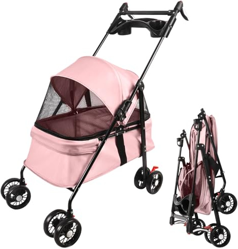 Homewell Klappbarer Haustierwagen mit Getränkehalter, Hundewagen & Katzenwagen, Leicht & Bequem mit Sicherheitsgurt, Atmungsaktiv, Stauraum, bis 20kg (Rosa)