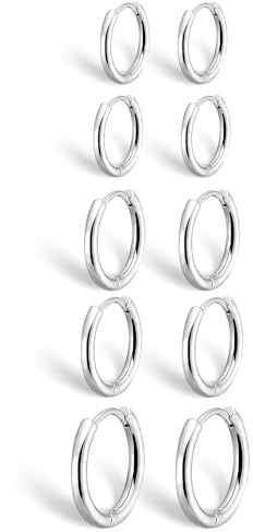5 Paar Kleine Creolen Ohrringe Silber für Damen Herren, 316L Chirurgischem Edelstahl Knorpelschläfer Creolen Winzige Huggie Ohrringe Set Snug Helix Tragus Daith Lobe Piercing Schmuck 6/8/10MM