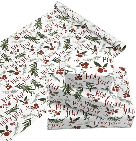 Boerni Rotolo di carta da regalo natalizia con agrifoglio, mini rotolo di carta da regalo vintage, con stampa di foglie di agrifoglio, bacche rosse, elegante carta da regalo bianca per Natale, feste
