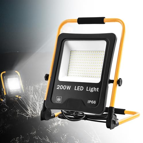 Suusolny 200W LED Baustrahler mit U förmige Halterung,16500LM LED Fluter,Arbeitsleuchte mit Stecker, IP66 Wasserdicht Baustrahler mit 3M Kabel, Faltbar für Werkstatt,Baustelle, Fotostudio - Kaltweiß