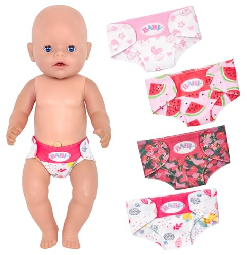 4 Stück Baby Puppen Windeln für 14-18 Zoll Puppens, Süßes Puppenwindeln Puppenzubehör 30-43cm Wiederverwendbar 4 Verschiedene Muster und Stile Geschenk für Kleine Mädchen
