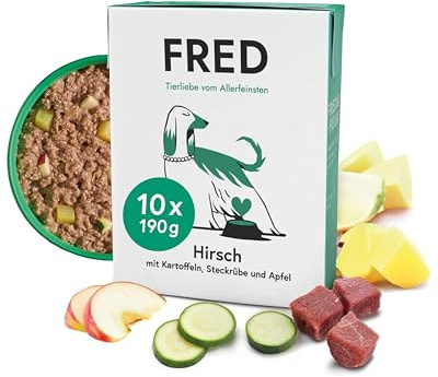 FRED Hundefutter Hirsch mit Kartoffeln 10 x 190 g I Monoprotein Nassfutter mit Muskelfleisch I Getreidefrei & hypoallergen I Mit Steckrübe & Apfel I Alleinfuttermittel für ausgewachsene Hunde