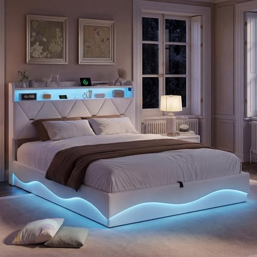 AONYAYBM Bett 160x200 mit Bettkasten, Polsterbett Doppelbett mit LED und USB, Boxspringbett 160x200 mit Stauraum Kopfteil,Jugendbett, Bettgestell mit Lattenrost, Samt, Ohne Matratze(Beige-C)