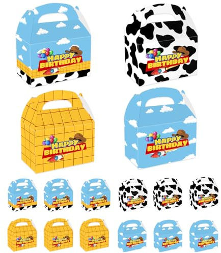 12 Pcs Birthday Party Favor Boxes - Kids Birthday Decoration,Boys Girls Birthday Party Supplies Gable Boxes with Handles,Blue Sky White Cloud Kraft Paper Gift Boxes for Snacks, Candy
