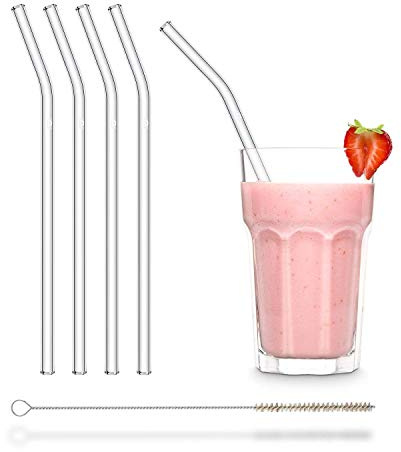 Schott Halm Glass Drinking Straw, Made in Germany, Set of 4, Includes Cleaning Brush, Glass, transparent, 23 cm gebogen