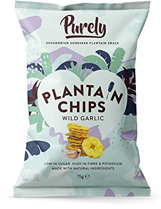 Purely Plantain Chips - Wild Garlic - 75g x 8 Pack - Low Calorie Plantain Crisps - Vegan, Gluten Free, Nutritious & All Natural - Healthy Alternative Snack Multipack