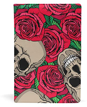 EZIOLY dehnbarer Buchumschlag mit Totenköpfen und roten Rosen, passend für die meisten Hardcover-Lehrbücher bis 22,6 x 14,5 cm, klebstofffreier Stoff für Schulbücher Einfach anzubringen. Wash & Re-Use