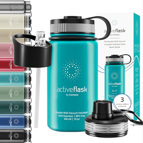 Botella de Agua Térmica ACTIVE FLASK + Pajita (3 Tapones) sin BPA - 1l & 500ml | Frasco Termo de Acero Inoxidable + Aislamiento Vacío | Cantimplora Aislada Bicicleta Deporte Caliente Fría Café Té