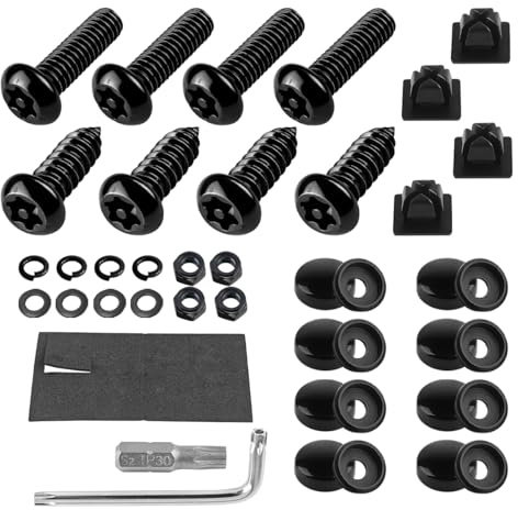 YALOK Anti Theft License Plate Screws Kits- Rustproof Stainless Steel Car Tag Plate Mounting Hardware, M6 (1/4) Tamper Proof Fastener Nut, Caps Cover for Front Rear Frame Holder Mounting(AT-Black/8)