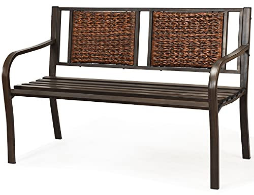 RELAX4LIFE Gartenbank mit Rückenlehne aus Poly Rattan, Eisenbank mit Armlehnen, Sitzbank mit rostbeständigem Eisenrahmen, Parkbank für 2 bis 3 Personen, für Terrasse & Balkon & Garten, Bronze+Braun