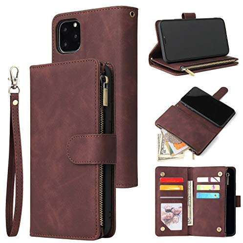 QLTYPRI Case for iPhone 11, Large Capacity Leather Wallet Case 6 Card Holder & 1 Zipper Pocket Kickstand Wrist Strap Magnetic Protective Cover for iPhone 11 (6.1 Inch) - Coffee Brown