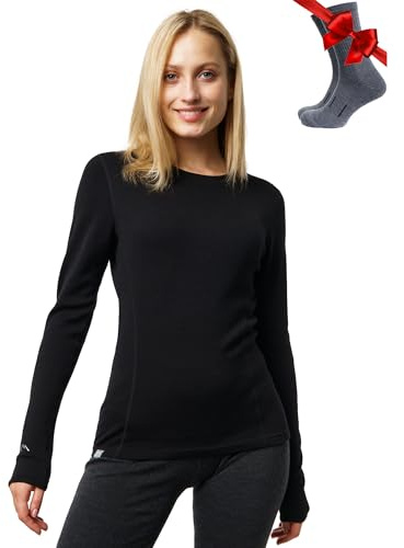 100% Merino Shirt Damen Langarm - Merino Unterwäsche Damen + Wollsocken | Sportunterhemden Langarmshirt, Ganzjahres-Baselayer für Alltag, Sport & Outdoor, Wandern, geruchsbeständig, kratzfrei