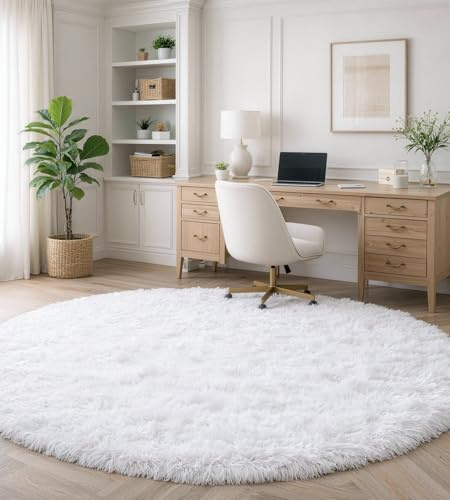 ROHATIM Alfombras Salón Redonda Pelo Largo Alfombra Habitación Dormitorio Lavables Alfombra Antideslizante Muy Suave para salón o Dormitorio, Alfombra esponjosa de Cama(Blanco,Ø 120 cm Ronda)