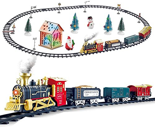 ISAKEN Weihnachtszug Set, Spielzeugeisenbahn mit Licht und Dampf Weihnachtszug für Weihnachtsdekorationen Party Deko Kindergarten Dekoration Ornament Elektrisches Zug für Kinder Mädchen Junge