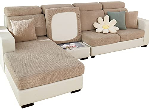SHANNA Sofa Sitzkissenbezug Sofabezug L Form Stretch Sitzkissenschutz, Weich Kissenbezüge rutschfest Möbelschutz, Husse Überzug Bezug Für Sofa Sitzkissen mit Elastischem Boden Weben Kamel 3 Sitzer