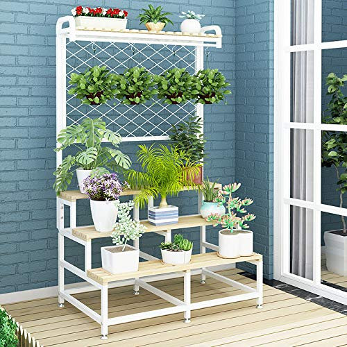 AFLCIO 3-stöckiger Blumenständer aus Holz Pflanzenregal Display Töpfe Lagerregal Outdoor Indoor Halter Pflanzenständer Gewächshaus Holzregale Gartendekorationen Gärtner,Weiß-12