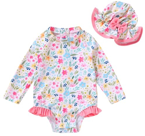 Infant Baby Girl Swimsuit One-Piece Long Sleeve Rash Guard with Hat Set Floral Zipper Bathing Suit Leopard Beach Wear(Plants, 12-18M)