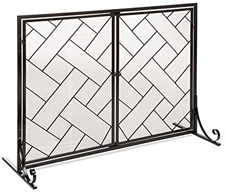 Rejilla Protectora contra chispas para Puerta de hogar, Pantalla de Malla de Metal con diseño geométrico con 2 Puertas, Accesorios para Estufas de leña, Cerca para Chimenea (Color: Dorado, tamaño:
